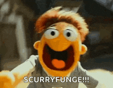 a muppet with his mouth open and the words scurry funge written on it