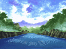 a painting of a river with trees and mountains in the background