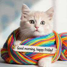 a kitten wrapped in a ball of yarn with a sign that says good morning happy friday