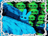 a blue bunny is standing in front of a waterfall
