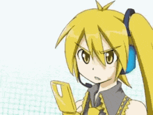 a yellow haired anime girl is holding a cell phone in her hand