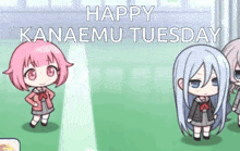 a group of anime girls are standing next to each other in a room with the words `` happy kanaemu tuesday '' .