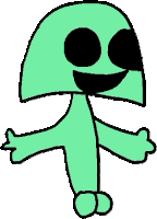 a cartoon drawing of a green mushroom with black eyes and a smiling face .
