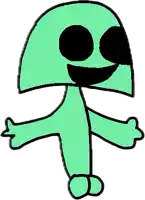 a cartoon drawing of a green mushroom with black eyes and a smiling face .
