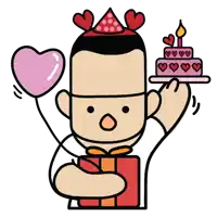 a man wearing a party hat is holding a gift and a cake