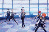 a group of anime characters are dancing on a checkered floor with the words castle of my heart knight in the corner