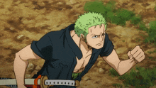 a man with green hair holds a sword in his right hand