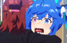 a close up of a cartoon character with blue hair and purple eyes