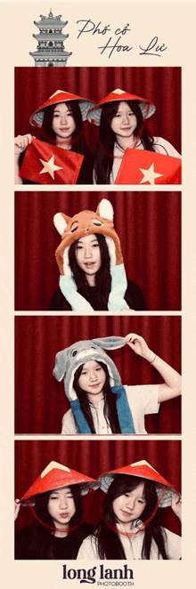 a photo booth shows two girls wearing hats and flags