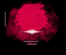 a man wearing sunglasses sits in front of a red background with the words performance by shinchan