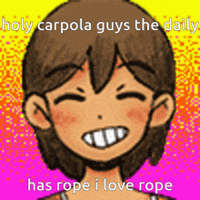 a cartoon of a boy smiling with the words holy carpola guys the daily has rope i love rope .