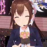 a close up of a 3d anime girl with a microphone around her neck