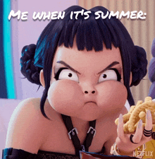a cartoon girl is eating a bag of chips and the caption says me when it 's summer