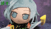 a stuffed doll with blue hair is holding a yellow object and the words if t. are above it