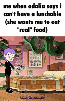a cartoon of a girl standing next to a bed with a flyer derby sign on the wall behind her