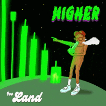 a cartoon of a man smoking a bong with the words higher ice land behind him