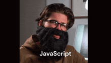 a man with glasses and a fake beard has the word javascript on the bottom