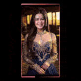 a picture of a woman in a blue dress with the name adrian on the bottom