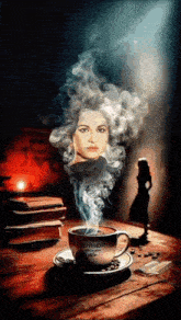 a painting of a woman with smoke coming out of her head and a cup of coffee that says santander