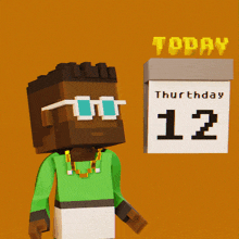 a cartoon character is standing next to a calendar which says today thursday 12