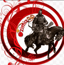 a statue of a man riding a horse with a red circle around him that says ' gzimiz go '