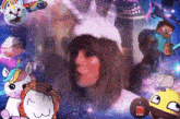 a woman is surrounded by cartoon characters including a unicorn and a minecraft character