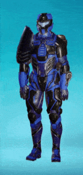 a blue and black robot with a shield