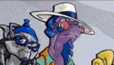 a couple of cartoon characters standing next to each other wearing hats and glasses .