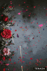 a dark background with flowers and confetti and the word tenada on the bottom