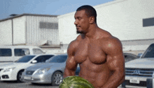 a shirtless man is holding a watermelon in his hands