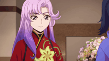 a girl with purple hair is wearing a red dress