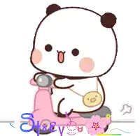 a sticker of a panda riding a pink scooter with the words thank you written below it