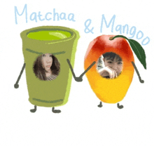 a cartoon of a cup of matcha and a mango with arms and legs