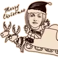 a drawing of a woman in a santa hat riding a sleigh