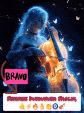 a poster of a woman playing a violin with the word bravo on the bottom