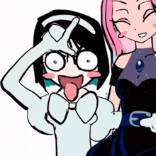 a cartoon drawing of a girl in a black dress and a boy in a white bow tie