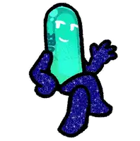 a cartoon drawing of a blue capsule with arms and legs and a face .
