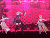 three anime girls are dancing on a stage with a polka dot background