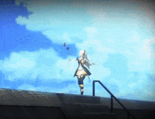 a cartoon character is standing on a set of stairs