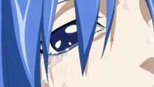 a close up of a blue haired anime character 's eye with tears coming out of it