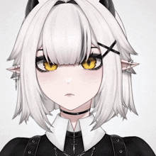 a girl with white hair and yellow eyes has a cross necklace around her neck