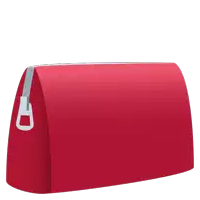 a red bag with a white zipper and a white handle