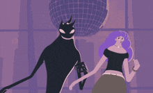 a cartoon drawing of a man and woman holding hands in front of a disco ball