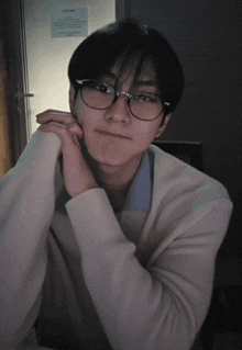 a young man wearing glasses and a sweater looks at the camera