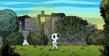 a cartoon drawing of a skeleton walking through a park