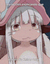 a cartoon of a girl with long white hair and a hat with the words nanacchini explicando que que es de kaiser only