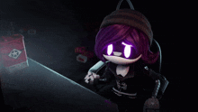 a cartoon character with purple hair is pointing at a box with the letter t on it