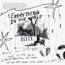 a black and white drawing of a woman sitting on a bench with the words " everything in the world is seen "