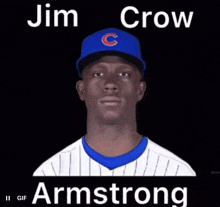 a baseball player named jim crow is wearing a blue hat with the letter c on it