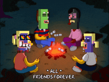 a group of cartoon characters sitting around a campfire with the words all friends forever